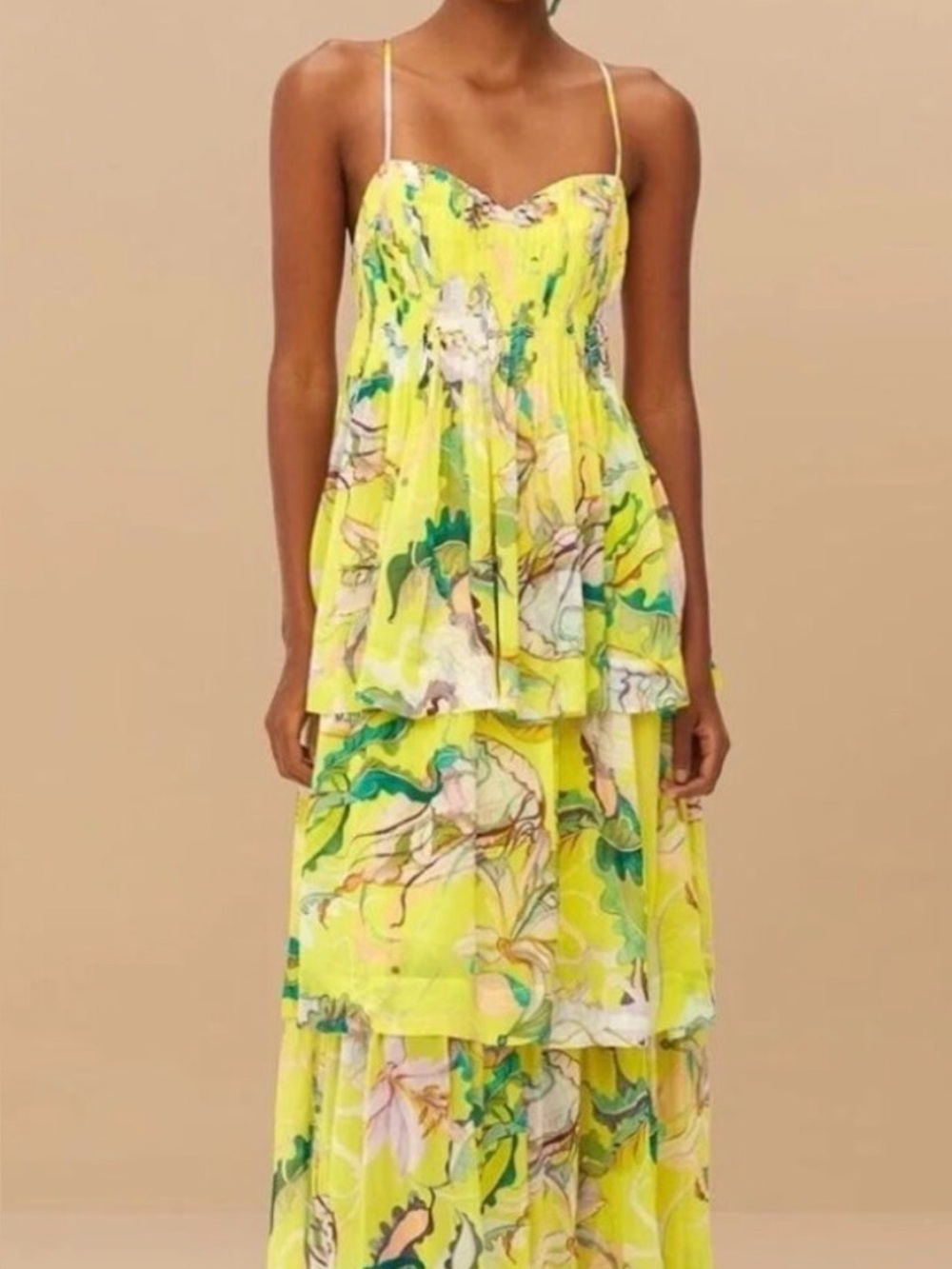 FARM Rio Yellow Jellyfish Bouquet Layered Maxi Dress Large